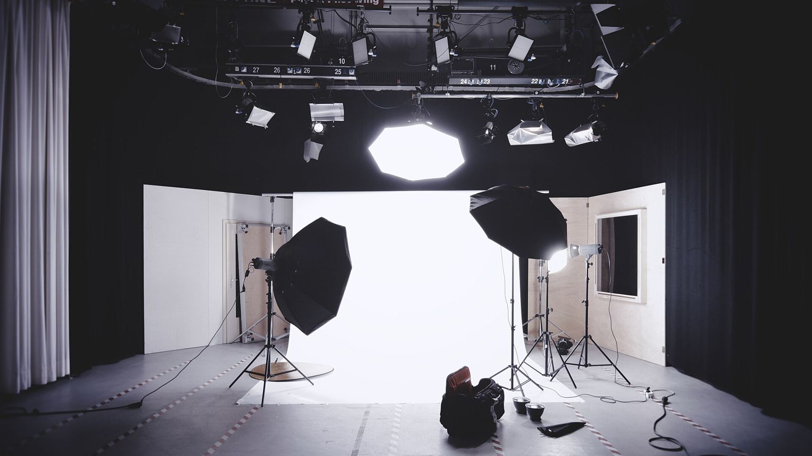 Photo studio with softbox lights set up for a shoot